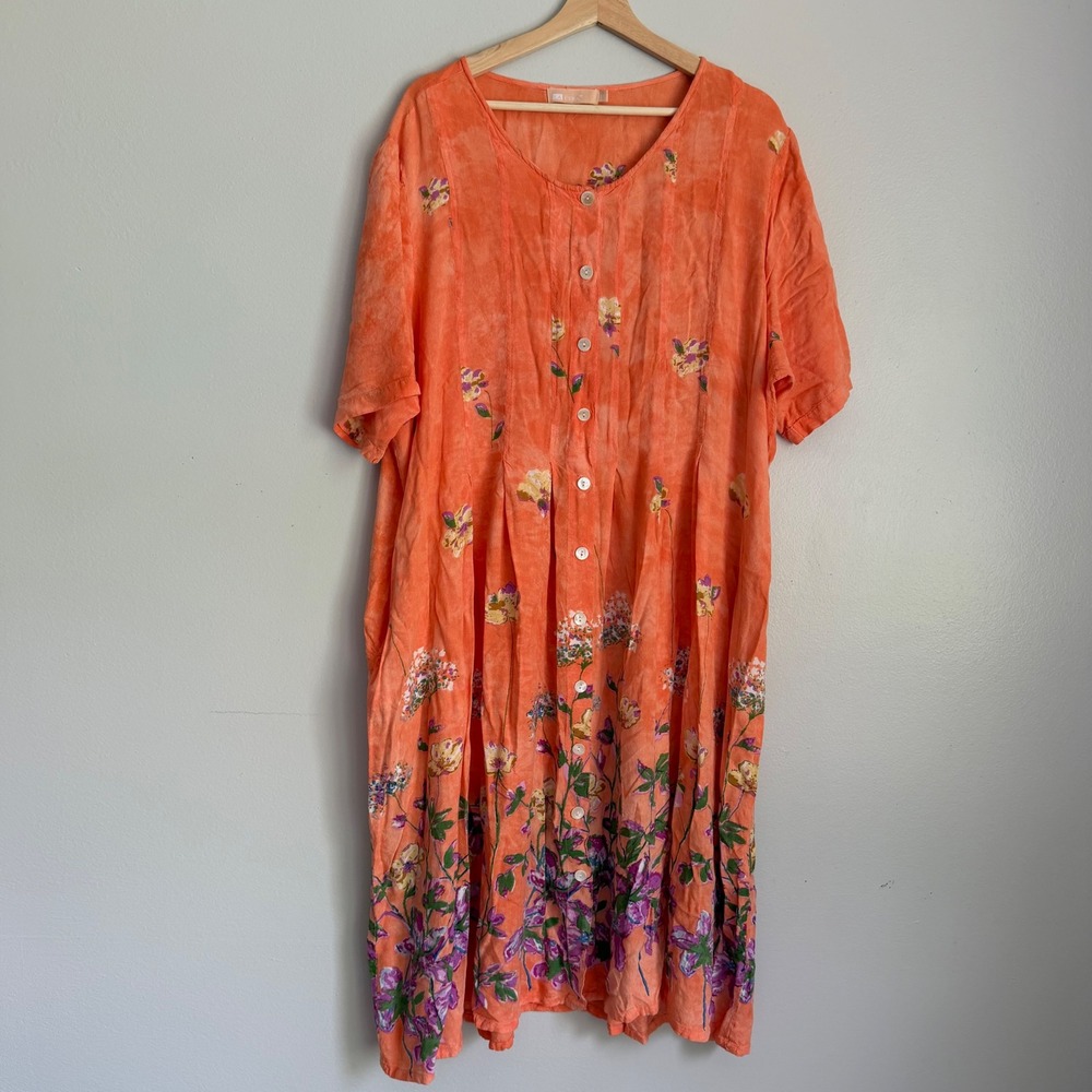 Vintage La Cera Orange Floral Tie Dye Rayon Button Front Midi Dress Plus Size 3X